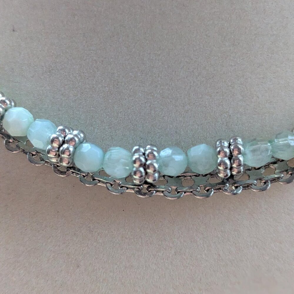 Sea Blue and Silver Beaded Choker Signed Necklace, Vintage Boho Jewelry